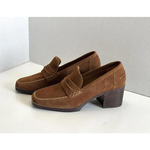 NYDJ Anella Heeled Loafers Women's 8M Cognac Brown Suede Slip On Shoes - Picture 3 of 16